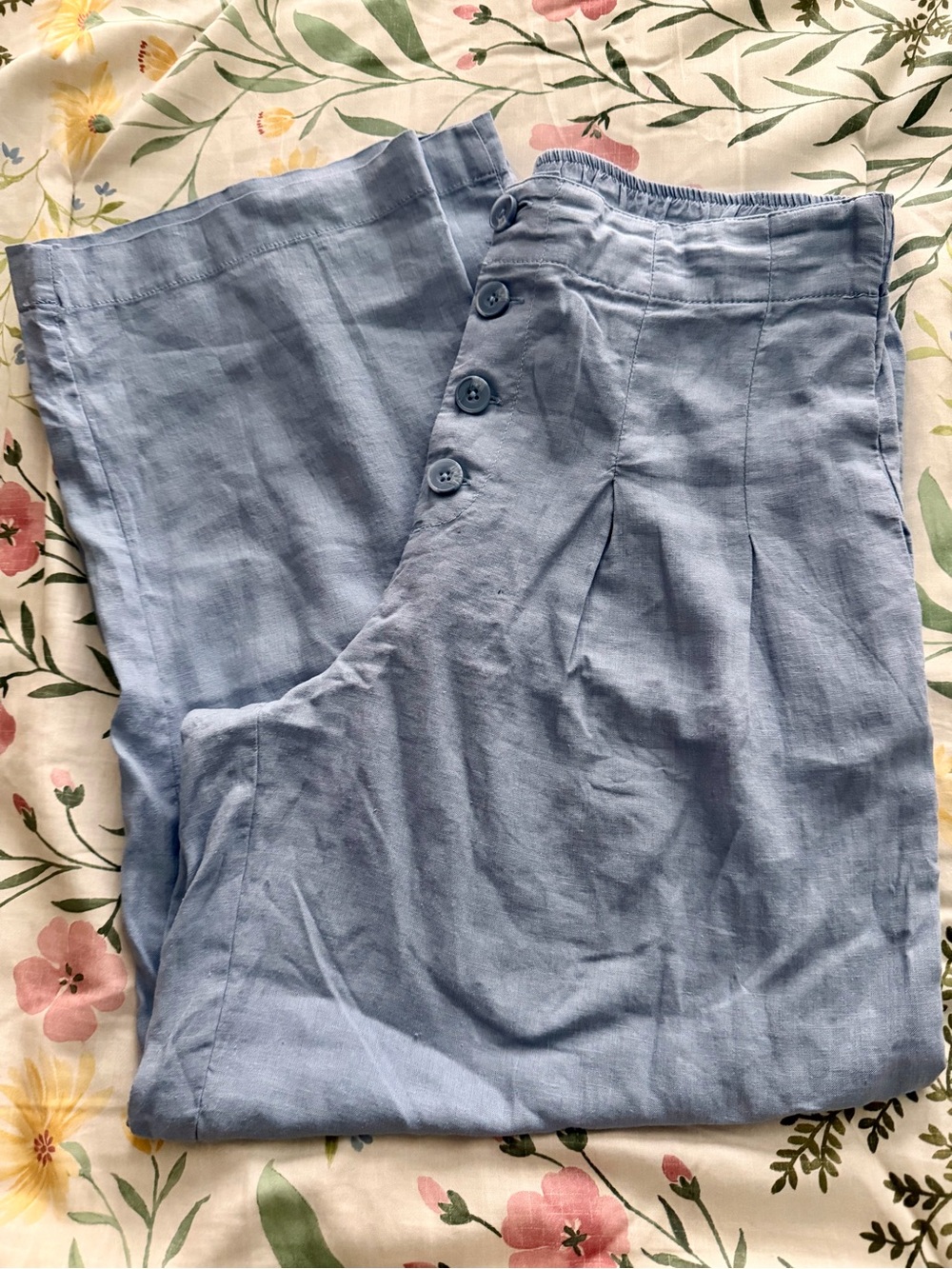 Sincerely Jules Pale Blue Wide-Leg Linen Blend Pants with Button Detail